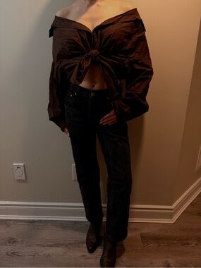 Off-Shoulder Tie-Front Brown Top
